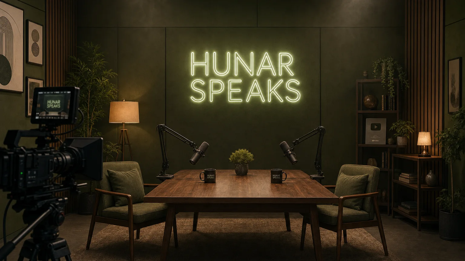 The Hunar Speaks studio — neon wordmark, table and microphones
